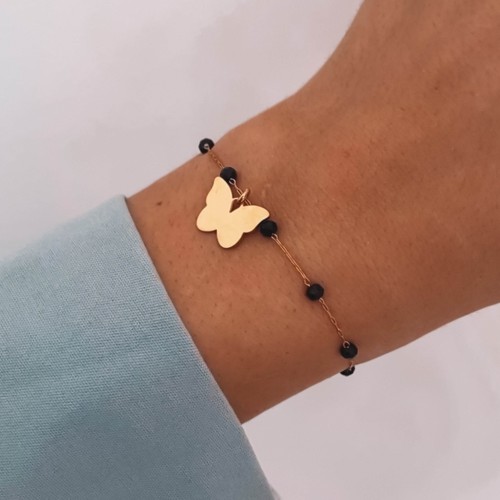 BRANSOLETKA CZARNE KORALIKI ŁAŃCUSZEK ZE STALI CHIRURGICZNEJ MOTYLEK