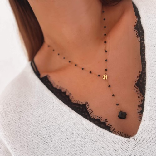 NASZYJNIK BODY CHAIN STAL CHIRURGICZNA CZARNE KORALIKI ZAWIESZKA KWIAT AGAT CZARNY