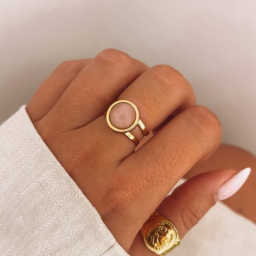 ZŁOTY PIERŚCIONEK Z OCZKIEM ZE STALI CHIRURGICZNEJ KWARC RÓŻOWY