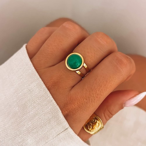 ZŁOTY PIERŚCIONEK Z OCZKIEM ZE STALI CHIRURGICZNEJ JADEIT ZIELONY