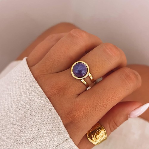 ZŁOTY PIERŚCIONEK Z OCZKIEM ZE STALI CHIRURGICZNEJ AMETYST