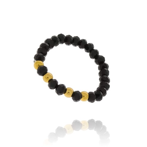 PIERŚCIONEK NA GUMCE ZE STALI CHIRURGICZNEJ CZARNE KORALIKI 