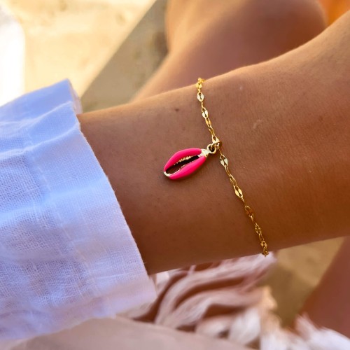 BRANSOLETKA ZŁOTY ŁAŃCUSZEK Z RÓŻOWĄ EMALIOWANĄ MUSZELKĄ STAL CHIRURGICZNA 