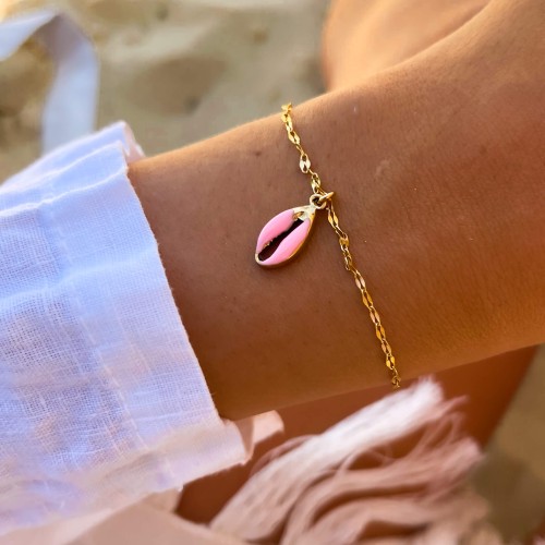 BRANSOLETKA ZŁOTY ŁAŃCUSZEK Z RÓŻOWĄ EMALIOWANĄ MUSZELKĄ STAL CHIRURGICZNA  