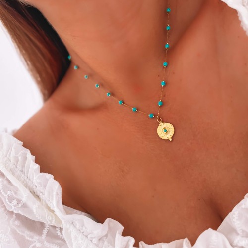 NASZYJNIK BOHO Z TURKUSAMI ZE STALI CHIRURGICZNEJ MEDALION