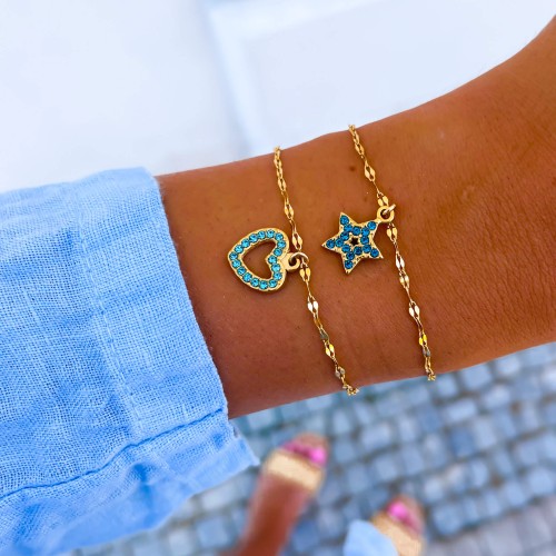 BRANSOLETKA ZŁOTY ŁAŃCUSZEK ZE STALI CHIRURGICZNEJ Z SERDUSZKIEM WYSADZANYMI BŁĘKITNYMI KRYSZTAŁKAMI 