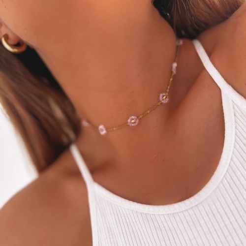 złoty choker fioletowe kwiaty koraliki stal chirurgiczna .jpg