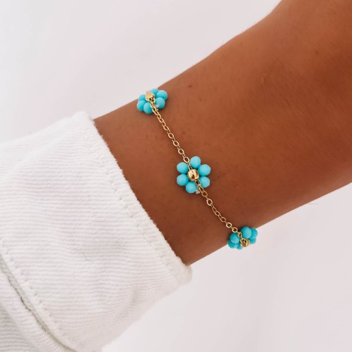 złota bransoletka niebieski kwiaty koraliki stal chirurgiczna .jpg