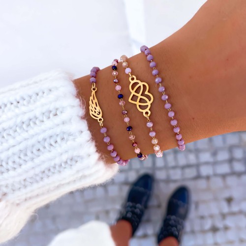 BRANSOLETKA STAL CHIRURGICZNA FIOLETOWE KORALIKI SKRZYDEŁKO