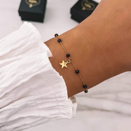 BRANSOLETKA CZARNE KORALIKI BOHO GWIAZDKA STAL CHIRURGICZNA