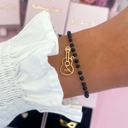 BRANSOLETKA ZE STALI CHIRURGICZNEJ CZARNE KORALIKI Z GITARĄ