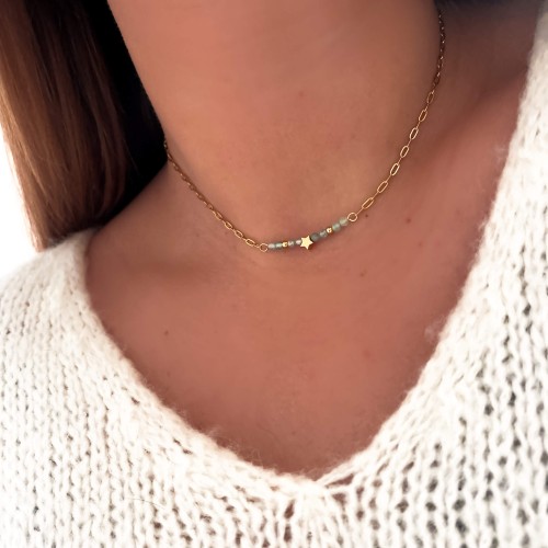 ZŁOTY ŁAŃCUSZEK CHOKER ZE STALI CHIRURGICZNEJ BŁĘKITNY APATYT Z GWIAZDKĄ