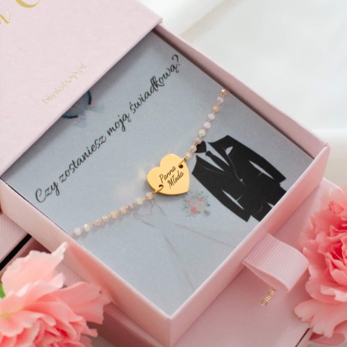 BRANSOLETKA  GRAWEREM DLA PANNY MŁODEJ ZŁOTE SERDUSZKO STAL CHIRURGICZNA