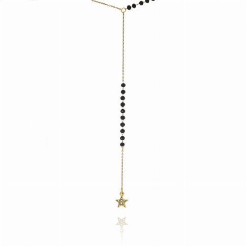 ZŁOTY NASZYJNIK  BODY CHAIN Z GWIAZDKĄ ZE STALI CHIRURGICZNEJ CZARNE KORALIKI 
