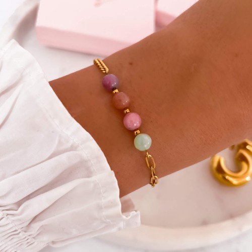 ZŁOTA BRANSOLETKA ZE STALI CHIRURGICZNEJ Z WIOSENNYMI KAMIENIAMI NATURALNYMI JADEIT