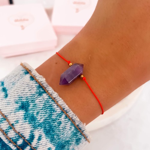 BRANSOLETKA CZERWONY SZNUREK  STAL KAMIEŃ AMETYST