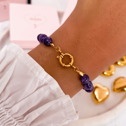 BRANSOLETKA ZE STALI Z KAMIENIEM NATURALNYM AMETYST FIOLETOWA 