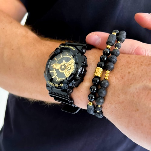 BRANSOLETKA MĘSKA KAMIEŃ NATURALNY LAWA KORALIKI STAL KOLOR ZŁOTY