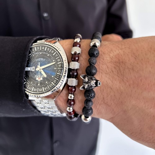 BRANSOLETKA MĘSKA KAMIEŃ LAWA Z WILKIEM ZE STALI CHIRURGICZNEJ