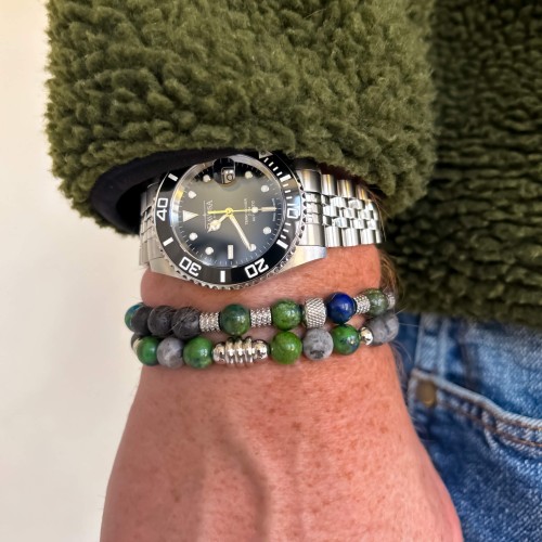 BRANSOLETKA MĘSKA KAMIEŃ LAWA JADEIT AZURYTOWY ZE STALI CHIRURGICZNEJ 