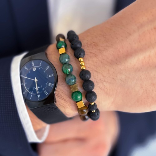 BRANSOLETKA MĘSKA KAMIEŃ TYGRYSIE OKO AZURYT ZE STALI CHIRURGICZNEJ  