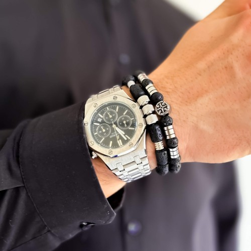 BRANSOLETKA MĘSKA KAMIEŃ LAWA WULKANICZNA OZDOBA ZE STALI KOLOR  SREBRNY 