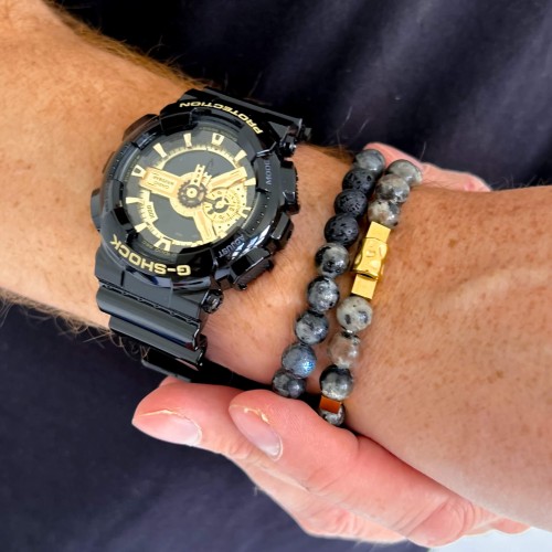 BRANSOLETKA MĘSKA KAMIEŃ SJENIT OZDOBA ZE STALI KOLOR  ZŁOTY 