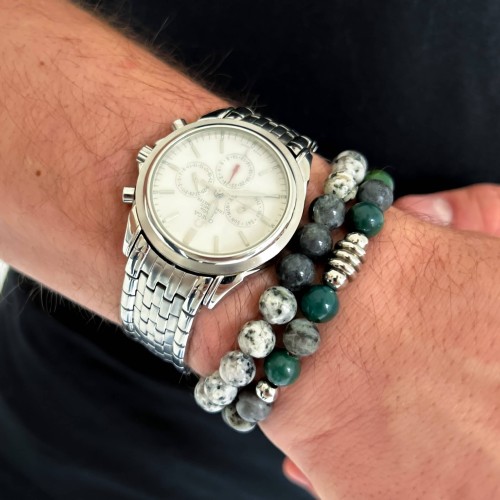 BRANSOLETKA MĘSKA KAMIEŃ  LARVIKIT JADEIT AZURYTOWY OZDOBA ZE STALI KOLOR SREBRNY