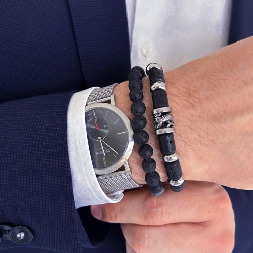  BRANSOLETKA MĘSKA KAMIEŃ LAWA WĄŻ ZE STALI CHIRURGICZNEJ KOLOR SREBRNY