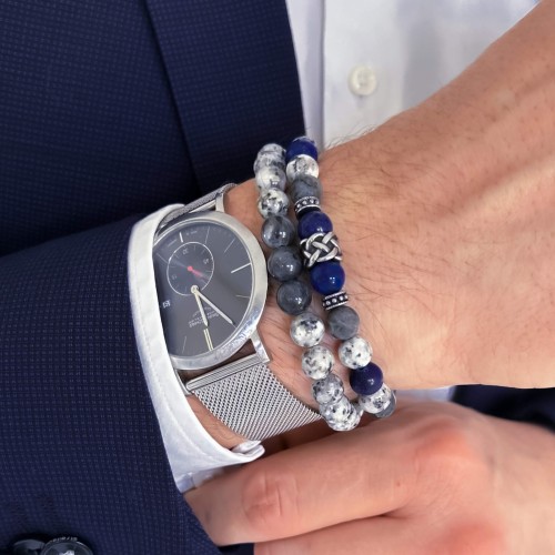 BRANSOLETKA MĘSKA KAMIEŃ LARVIKIT LAPIS LAZULI JASPIS  OZDOBA ZE STALI CHIRURGICZNEJ KOLOR SREBRNY