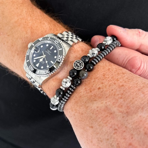 BRANSOLETKA MĘSKA KAMIEŃ LAWA JASPIS  SZARY OZDOBA GÓRY STAL KOLOR SREBRNY 