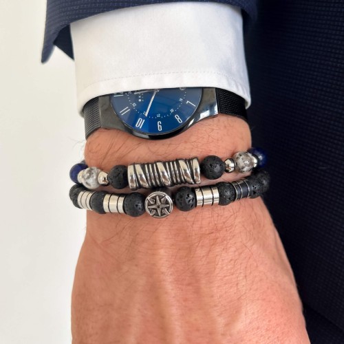 BRANSOLETKA MĘSKA KAMIEŃ LAWA KOMPAS ZE STALI KOLOR SREBRNY