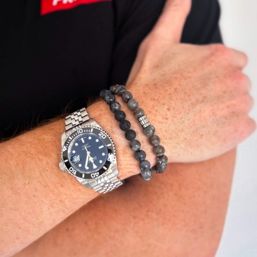 BRANSOLETKA MĘSKA KAMIEŃ SJENIT AMETYST OZDOBA ZE STALI KOLOR  SREBRNY