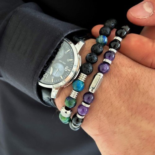 BRANSOLETKA MĘSKA KAMIEŃ AMETYST OBSYDIAN OZDOBA ZE STALI KOLOR  SREBRNY