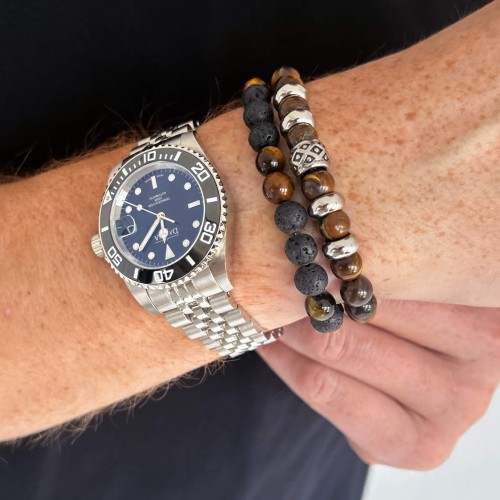 BRANSOLETKA MĘSKA KAMIEŃ TYGRYSIE OKO OZDOBA ZE STALI CHIRURGICZNEJ KOLOR SREBRNY