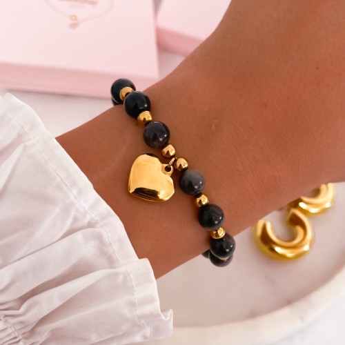 BRANSOLETKA Z SERCEM STAL CHIRURGICZNA KAMIEŃ NATURALNY AGAT