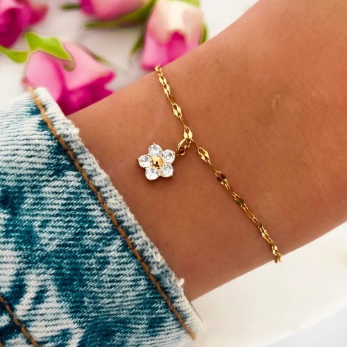 BRANSOLETKA ZE STALI CHIRURGICZNEJ KWIATEK BIAŁE KRYSZTAŁKI