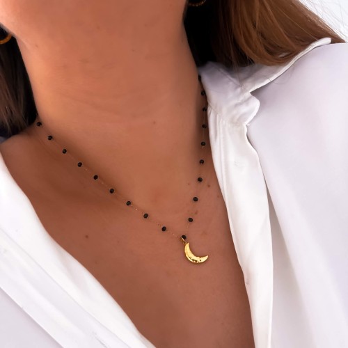 NASZYJNIK CZARNE KORALIKI Z MŁOTKOWANYM KSIĘŻYCEM ZE STALI CHIRURGICZNEJ 