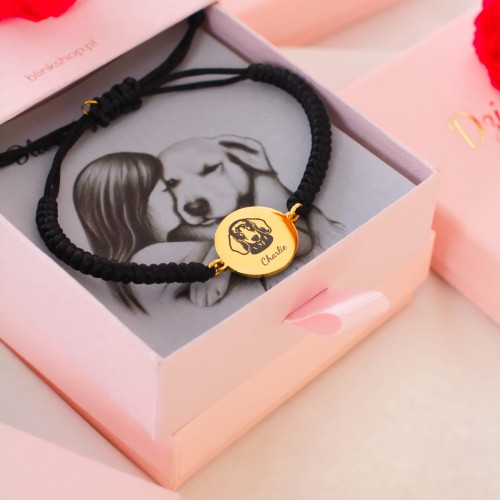 BRANSOLETKA Z GRAWEREM PSA Z IMIENIEM OKRĄGŁA ZŁOTA BLASZKA STAL CHIRURGICZNA