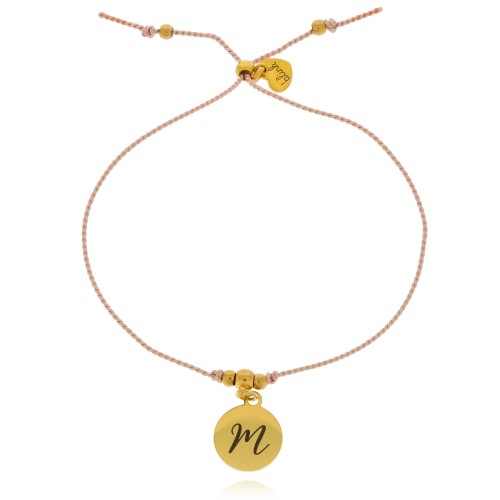 BRANSOLETKA Z GRAWEREM PERSONALIZACJA LITERKA STAL SZNUREK KOLOR JASNY RÓŻ