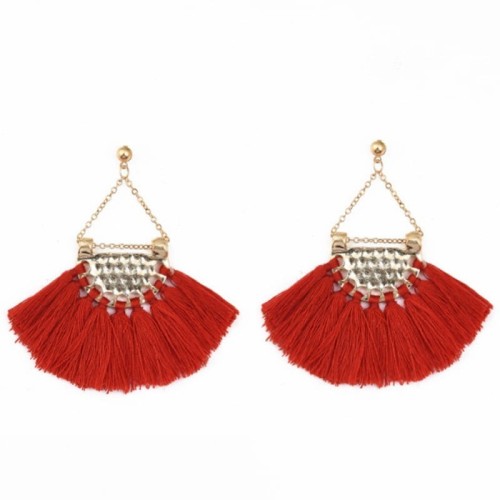 KOLCZYKI FRĘDZLE CZERWONE GLAMOUR ZŁOTA BLASZKA