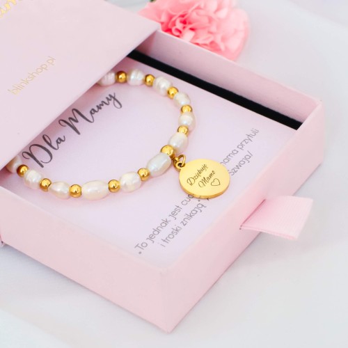 BRANSOLETKA DLA MAMY PERŁY HODOWLANE  ZAWIESZKA Z GRAWEREM DZIĘKUJĘ MAMO