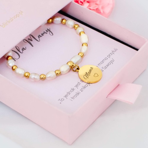 BRANSOLETKA DLA MAMY PERŁY HODOWLANE  ZAWIESZKA Z GRAWEREM MAMA