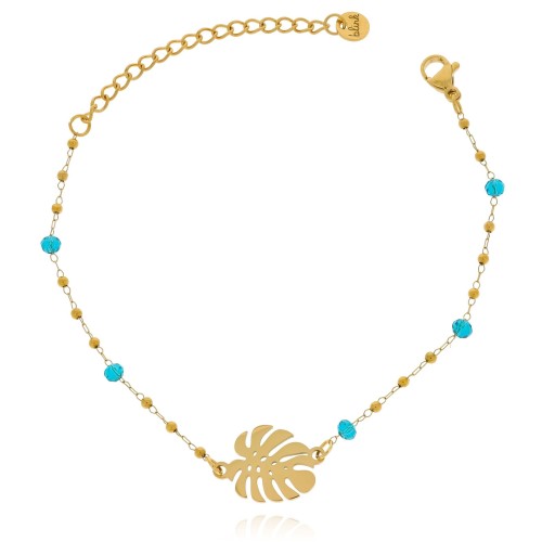 POZŁACANA LETNIA BRANSOLETKA ZE STALI CHIRURGICZNEJ Z MONSTERĄ NIEBIESKIE KORALIKI