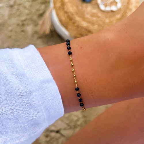 POZŁACANA BRANSOLETKA ZE STALI CHIRURGICZNEJ ŁĄCZONE CZARNO ZŁOTE KORALIKI