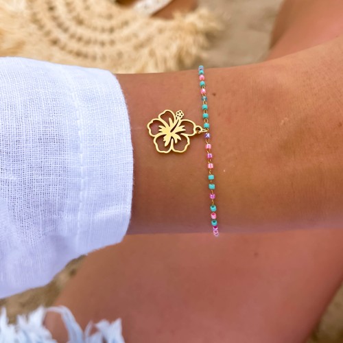 POZŁACANA LETNIA BRANSOLETKA ZE STALI CHIRURGICZNEJ Z HAWAJSKIM KWIATEM KOLOROWE KORALIKI 