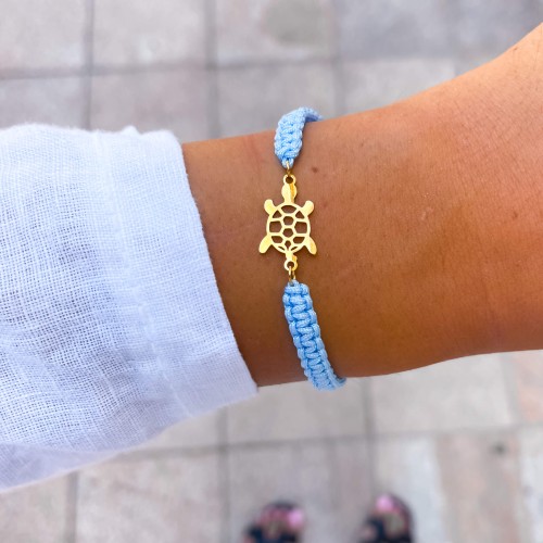 BRANSOLETKA ŻÓŁWIK NA BŁĘKITNYM SZNURKU STAL CHIRURGICZNA 