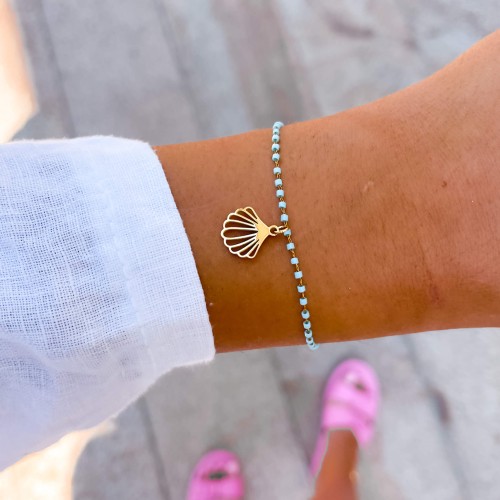 POZŁACANA LETNIA BRANSOLETKA ZE STALI CHIRURGICZNEJ MUSZELKA BŁĘKITNE KORALIKI