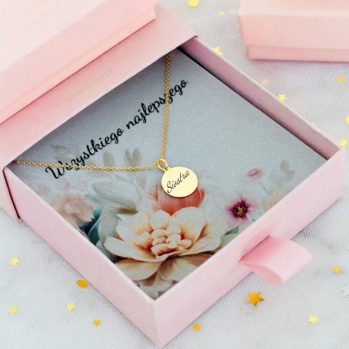 Naszyjnik srebro pozłacane próba 925 łańcuszek okrągły medalion z grawerem siostra prezent dla siostry .jpg