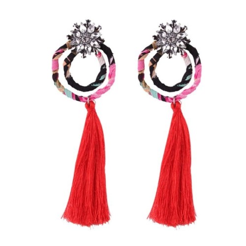 KOLCZYKI WISZĄCE KRYSZTAŁKI CZERWONE FRĘDZLE KOŁA BOHO